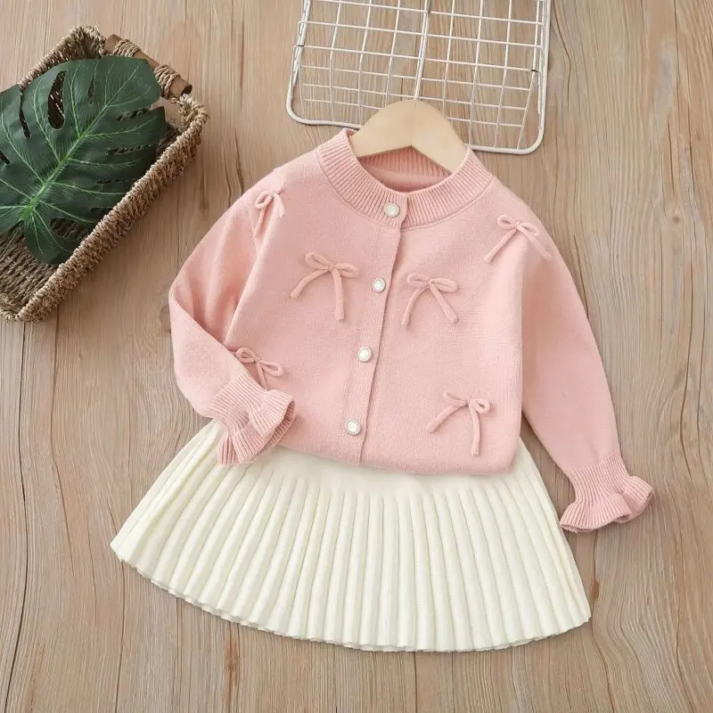 Autumn Winter Knitted Two Piece Sets Children Outifits Girls Long Sleeve Knitted Cardigan Sweater and Skirt Suit Kids Clothes