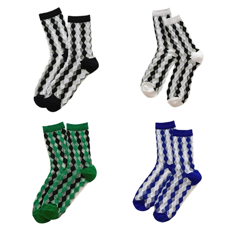 Women Mesh Crystal Fiber Patchwork Crew Socks Harajuku Japanese Preppy Style Colorblock Argyle Diamond Plaid Pattern Calf 066C