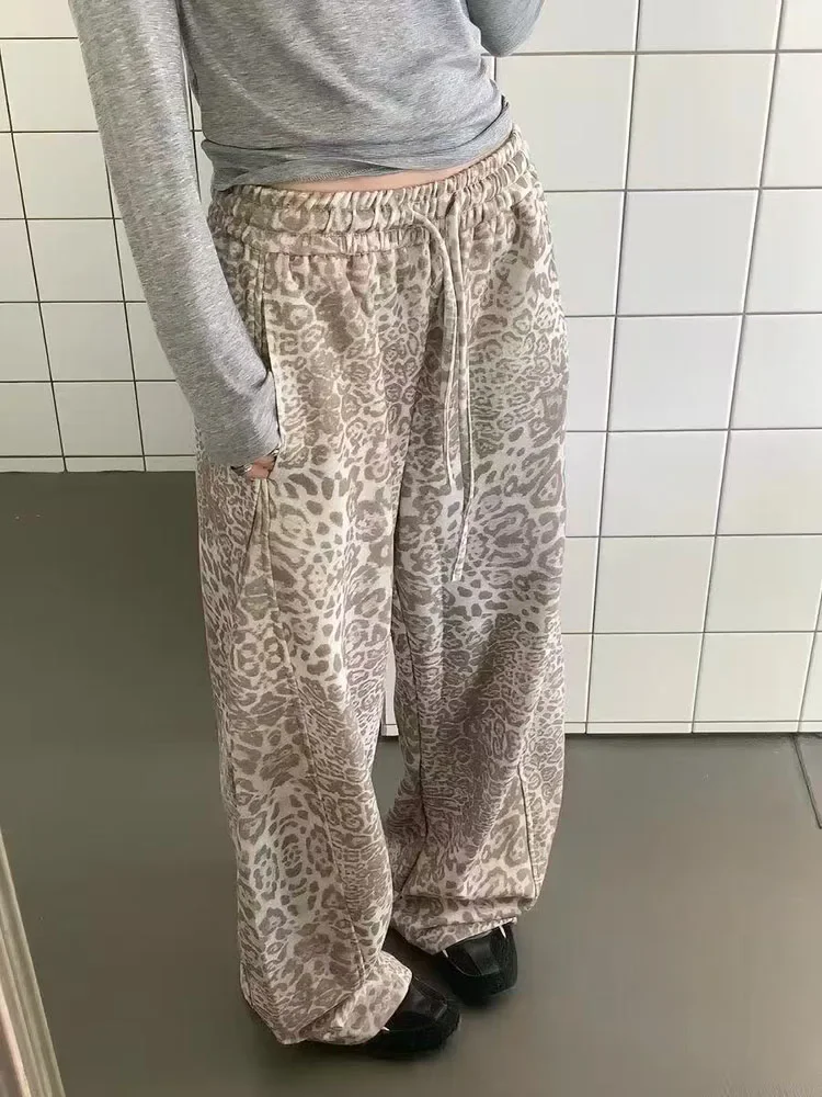Vintage Leopard Pant Wide Leg Pants Women American Loose Streetwear Casual Pant Y2K Fall High Waist Drawstring Straight Trousers