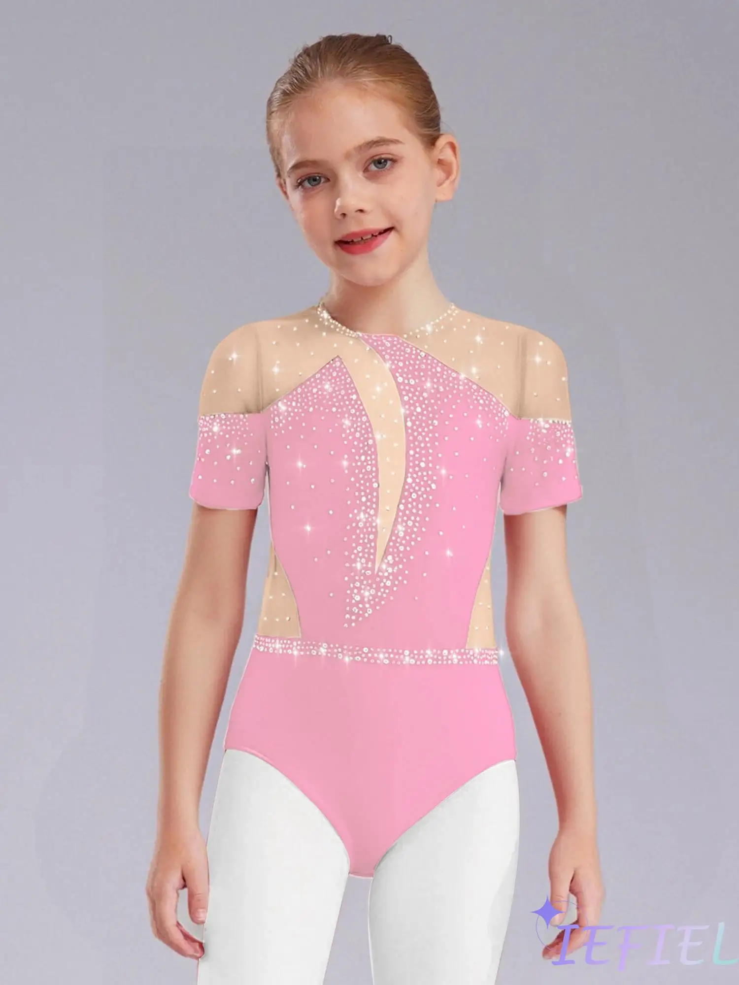 

Kids Girl Ballet Dance Leotard Mesh Patchwork Shiny Rhinestones Bodysuit Dancewear Figure Skating Gymnastics Performance Costume