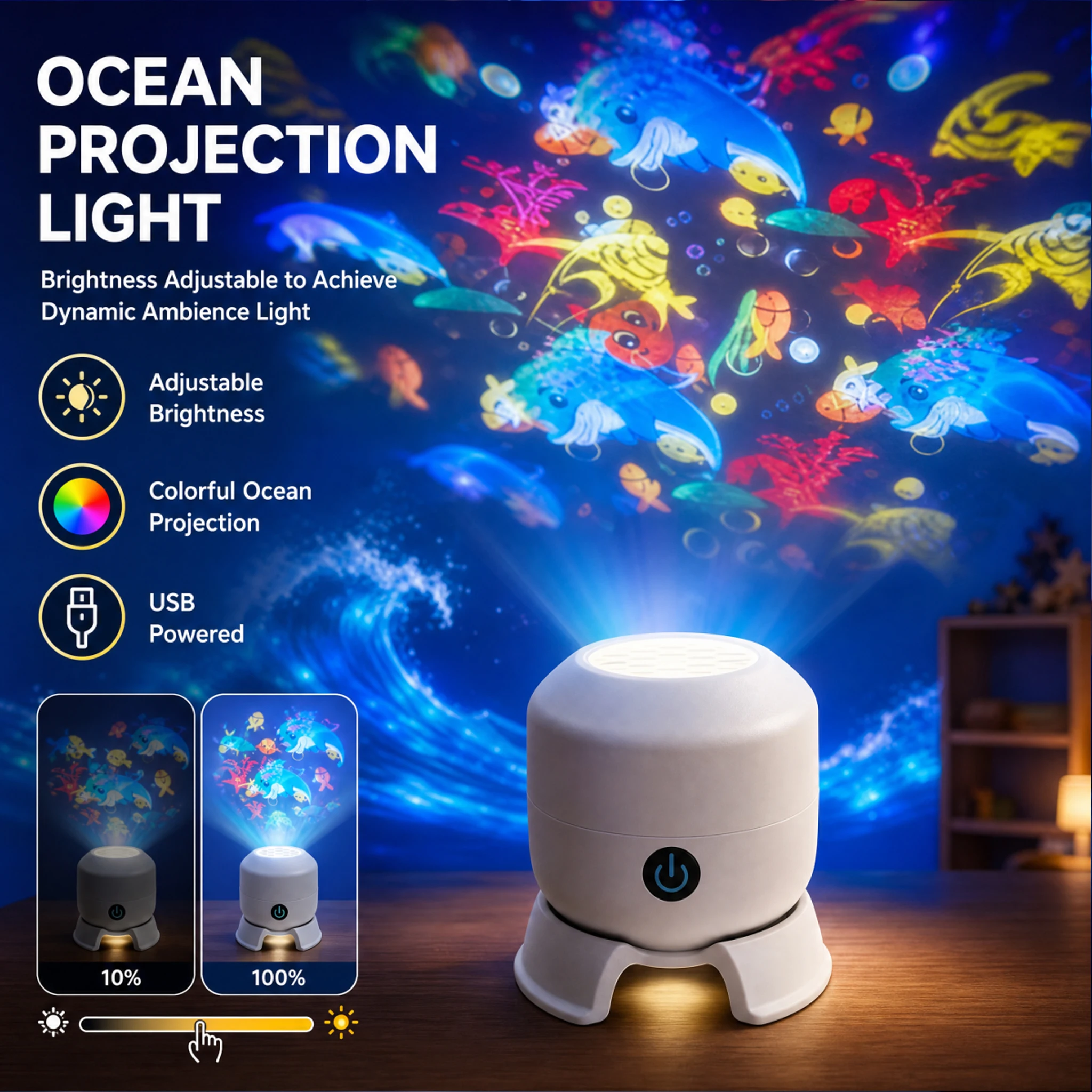 360° Rotating Starry Ocean Projection Night Light Dynamic Projector Decorative Lamp Ocean-Themed Projection Light Festival Gift
