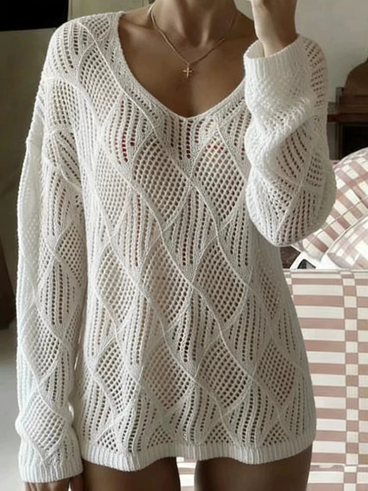 

Casual Cover Up Women T-shirt Simple Solid Color V-neck Long Sleeved Knitted Shirt Top Sexy Hollow Out Loose Holiday Beach Tees