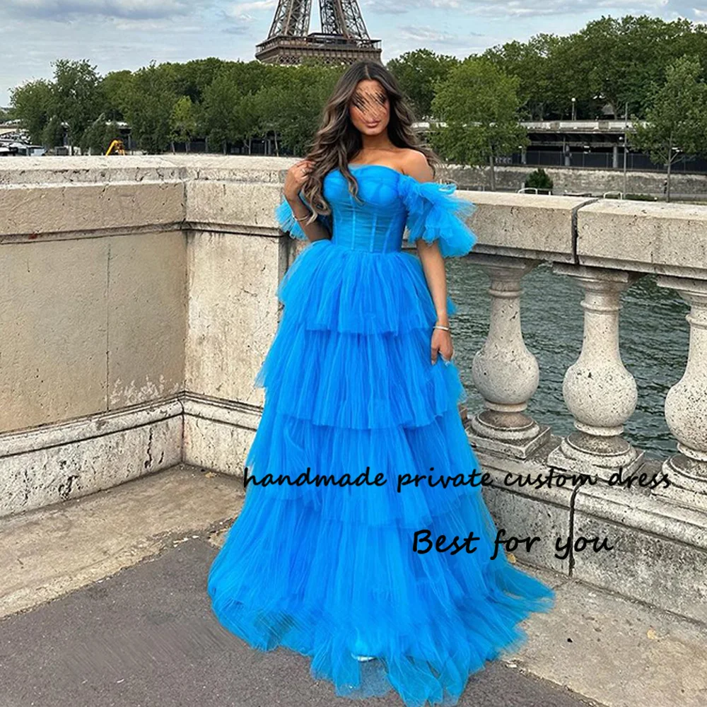 

Blue Tulle A Line Evening Party Dresses Off Shoulder Bone Corset Sweetheart Prom Dress Long Women Formal Celebrate Gowns