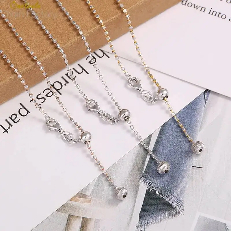

1.5mm 925 Sterling Silver Diamond Cut Beads Chain Necklace For Women Sparkling Two Tone Adjustable Chains 50CM 60CM In 3 Colors