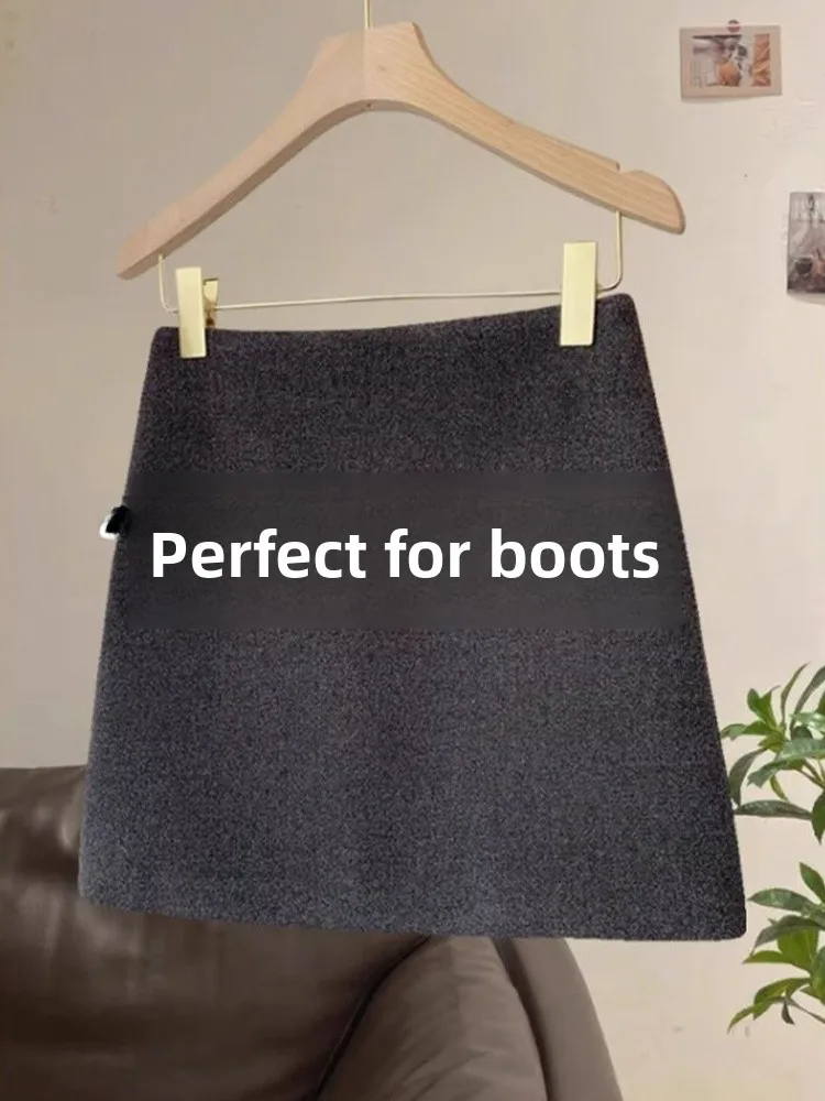 High Waist A-Line  Skirt Women's Grey Woolen Fabric Slimming Skirt Autumn Season Fashionable Casual Style with Zipper