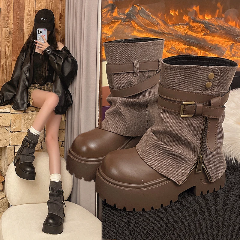 

Ankle Boots for Women Cowboy Flats Platform Shoes 2025 Fashion Designer Zipper Winter Gothic Boots New Walking Dress Mujer Botas