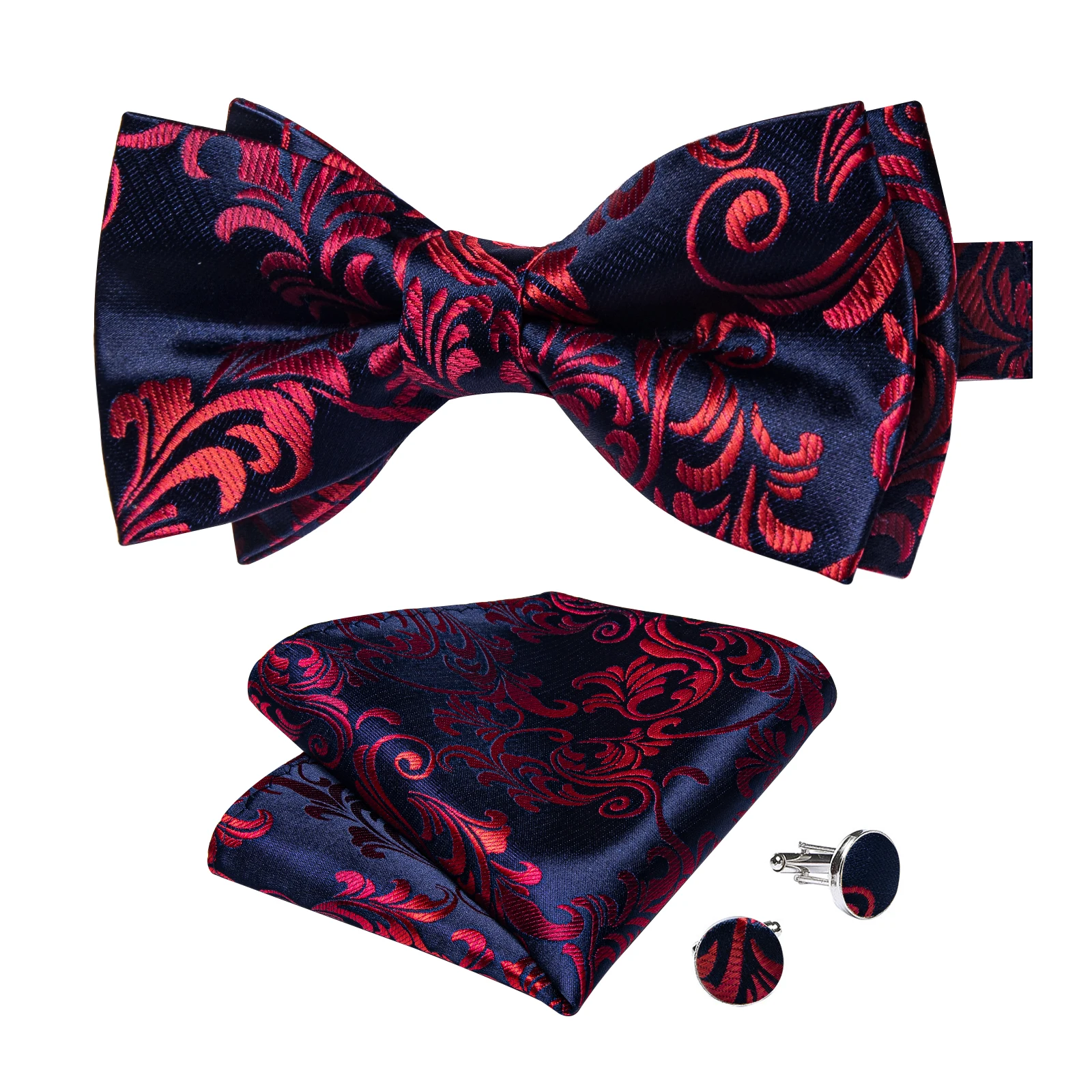 Klassisches schwarzes Herren-Fliege-Set mit Einstecktuch und Manschettenknöpfen – Paisley Gold Vorgebundene Fliege – Detail 19