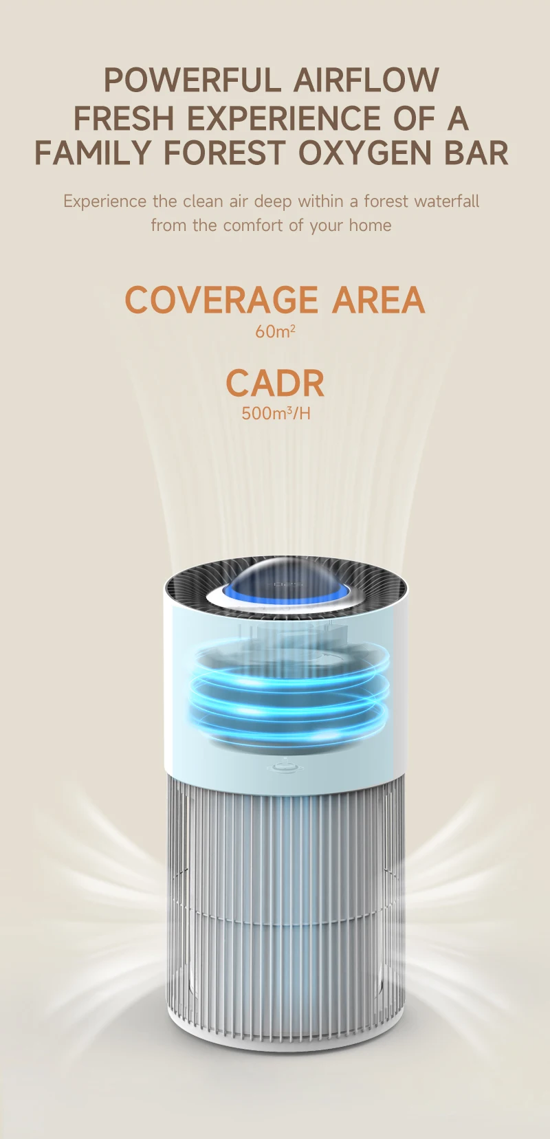 Home Use Pet Air Purifier Smart WIFI Remote Control Air Purifier 500m³/H Big Space Use