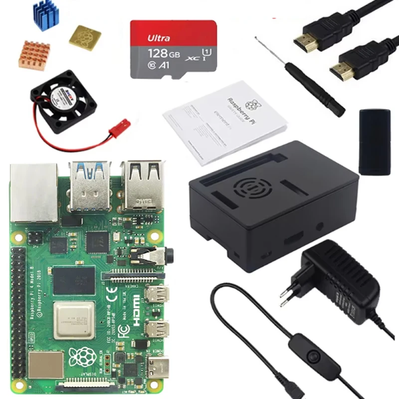 مجموعة Raspberry Pi 4 8GB 4GB 2GB 1GB + محول الطاقة + حافظة ABS + بطاقة 32G 64G 128G + بالوعة الحرارة لـ Raspberry Pi 4 Model B