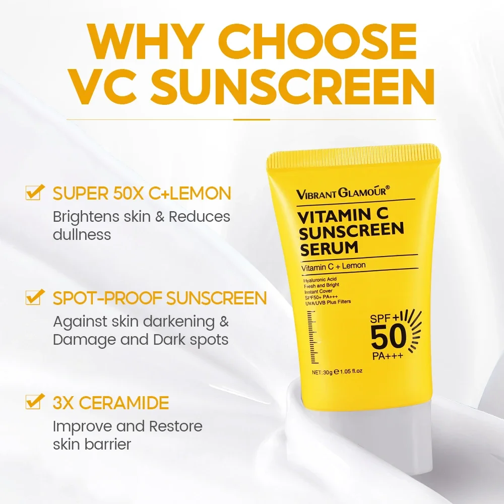 VIBRANT GLAMOUR Vitamin C  SPF 50+ PA+++ UVA/UVB Sunblock 50X C 3X Ceramide Repair Skin Moisturizing Sunscreen Serum