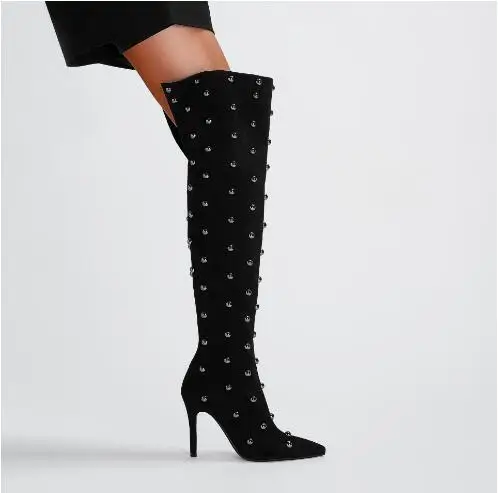 Winter Women Black Suede Full Ball Rivet Pointed Toe Thin Heels Over The Knee Boots V Open Back Thigh Long Botas Shoes Size 46