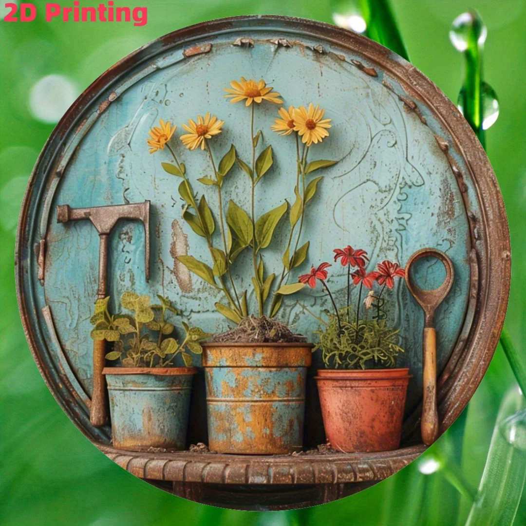 2D Vintage Metal Sign, Flat Print Hanging Ornament, Garden Tool & Potted Plant Wooden Label Tag, Outdoor Yard Decor