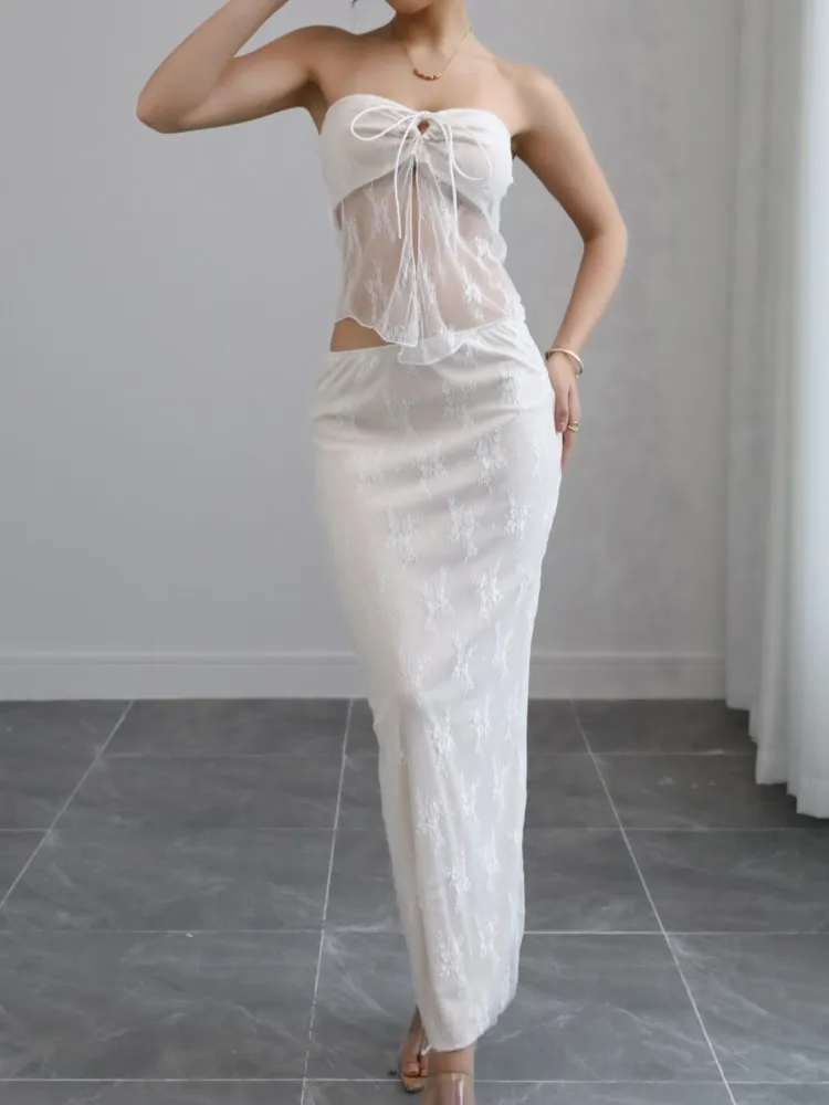 

Woman 2 Piece Set Outfit Sexy Lace Tube Top Long Skirt Solid Color Two Piece Outfits Backless See Through Lace Off Shoulder Slim