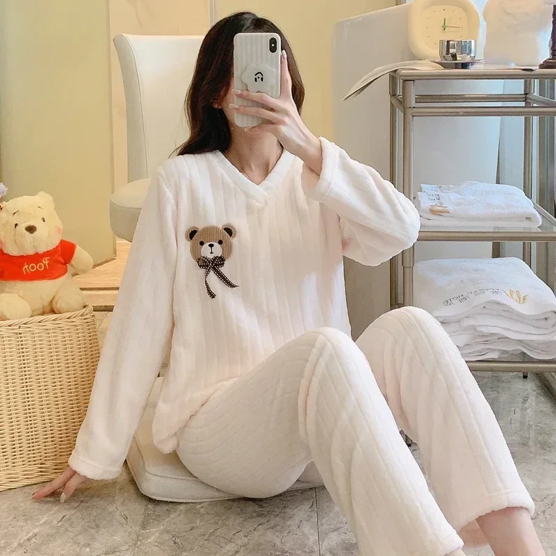 2026 Winter Long Sleeve V-neck Thick Warm Flannel Pajama Sets For Women Korean Cute Coral Fleece Sleepwear Homewear Home Clothes