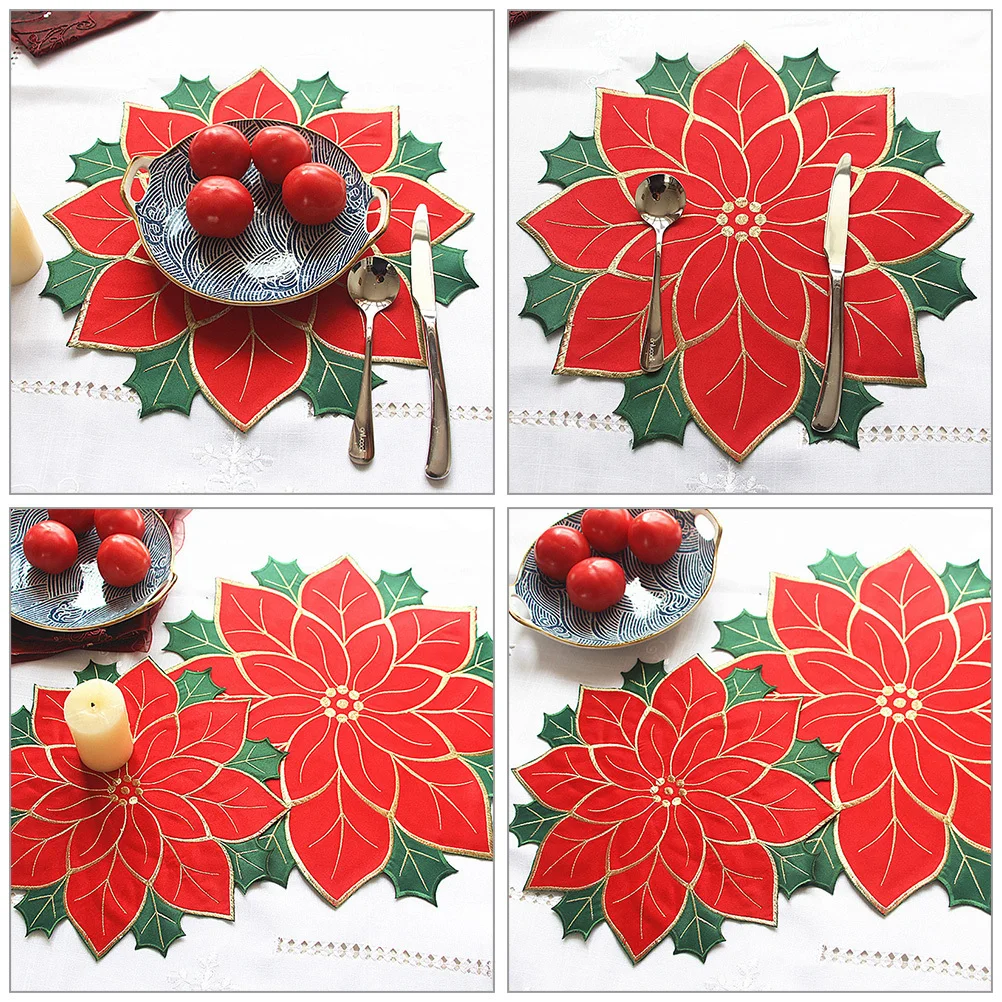 

4Pcs Christmas Placemats Embroidered Poinsettia Heat-Resistant Decorative Plate Mats for Holiday Dining Table Insulation