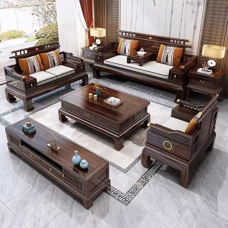 

Ebony solid wood sofa all solid wood new Chinese light luxury Zen 1 + 2 + 3 set combination classical furniture new