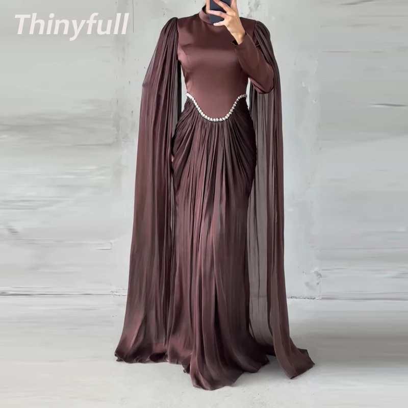

Thinyfull Mermaid Satin Prom Dresses Full Sleeves High Neck Pearls Muslim Evening Gowns Long Dress Robe De Soirée Customized