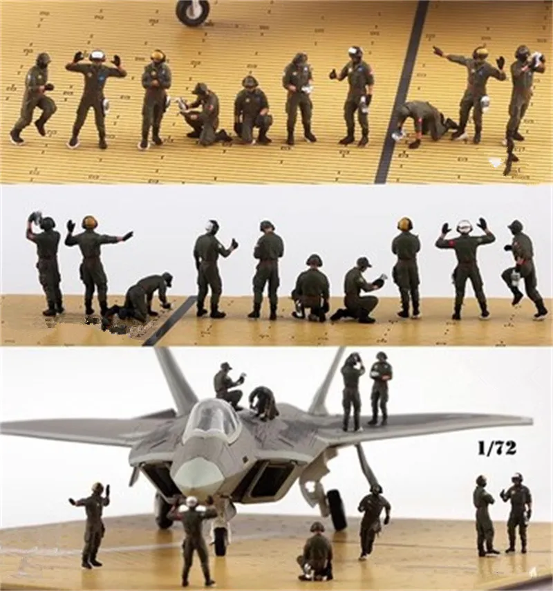 1:72 Scale Model 10 Pcs Action Figure Air Force Pilot Command Aircraft Carrier Ground Service Handling Toys DIY Scene Accessory