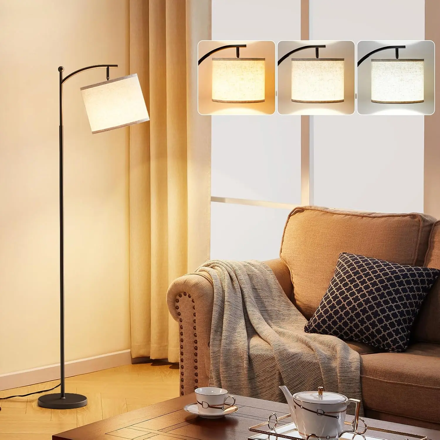 60‑Inch Modern Floor Lamp, Beige Lampshade, 9W LED Bulb Included