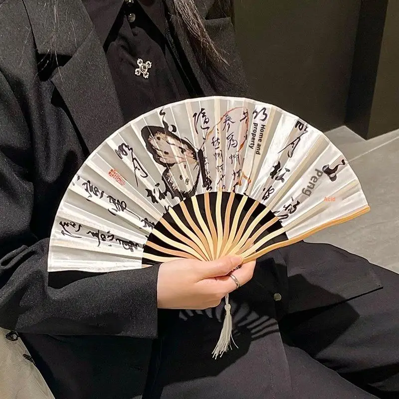 New Silk Chinese Japanese Folding Fan Bamboo Colorful Shank Classical Dance Fan Tassel Elegent Female Fan Home Decoration