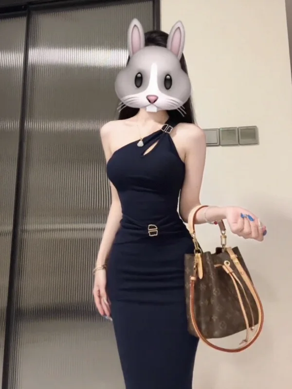 

Sensual Hollow out Metal Buckle Strap Knitted Dress Women's Summer Slim Fit Sexy High Waist Wrap around Skirt Single Shoulder