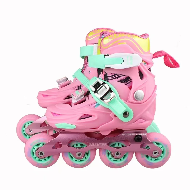 Zapatillas de Skate para niños, Patines ajustables en línea con 4 ruedas planas, informales, de doble uso, color rosa y azul