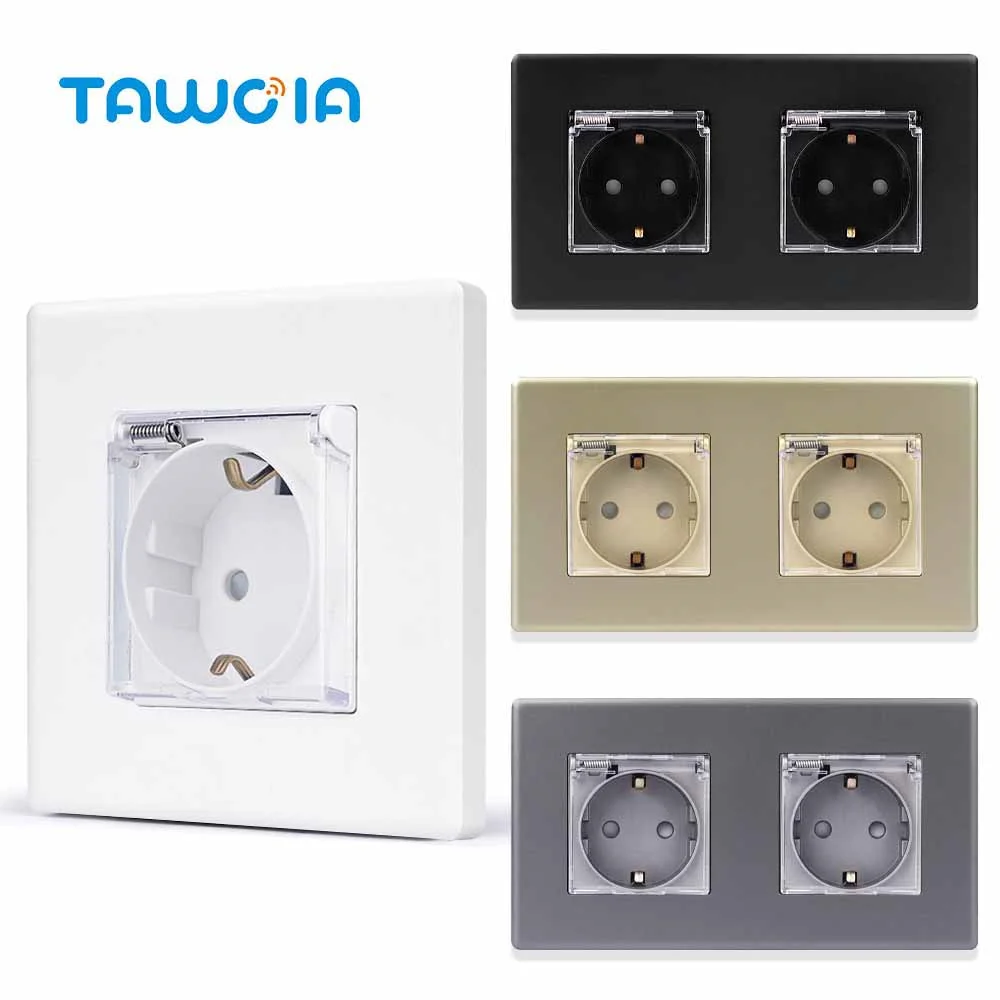 TAWOIA PC Wall Power Socket EU 16A Waterproof Socket PC Panel Double Outdoor Plug Electrical Outlet Bathroom Triple Cover Socket