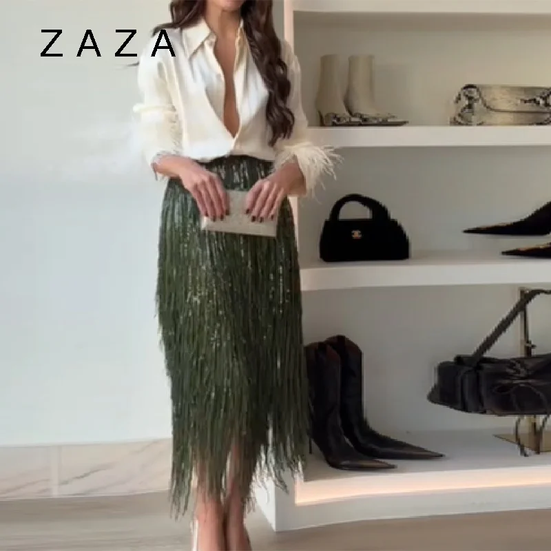 Zaza Chic fiesta vacaciones falda con borlas verdes para mujer paquete de cintura baja faldas de hierba de imitación a la cadera 2025 nueva señora prendas de vestir de calle