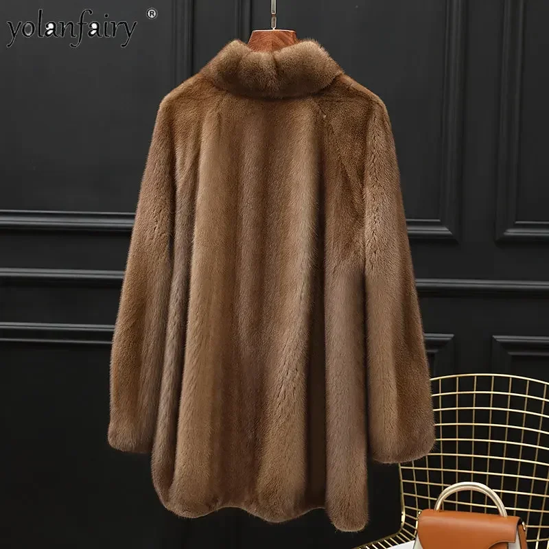 Real Mink Fur Coat Women Clothing Whole Mink Midi Long Fur Jacket 2023 Winter Clothes for Woman Stand Collar Abrigos Mujer FCY