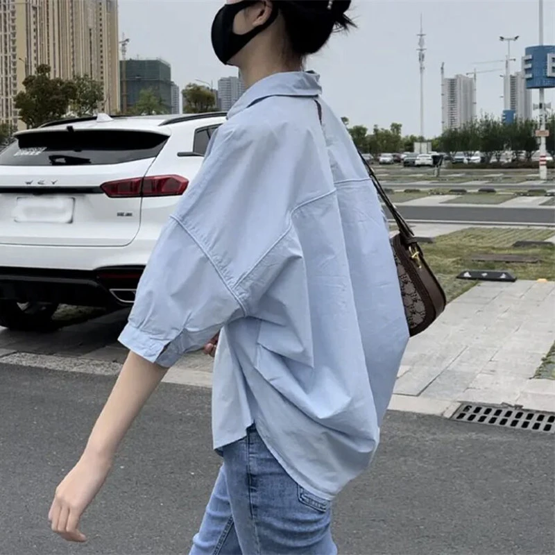 Blue Short Sleeve Women's Casual Shirt Summer Lightweight Sun Protection Spring Autumn Top Korean Style Loose Fit Button down
