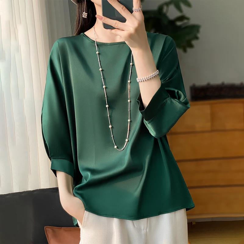 New Acetic Satin Nine-Sleeve T-shirt in Summer Women\'s Round Neck Loose Large Size Wide Sleeves Outside