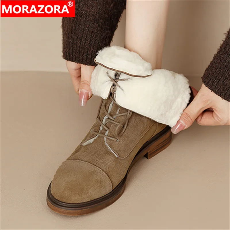 

MORAZORA 2024 New Cow Suede Women Boots Winter Natural Wool Snow Ankle Boots Ladies Platform Narrow Band Shoes