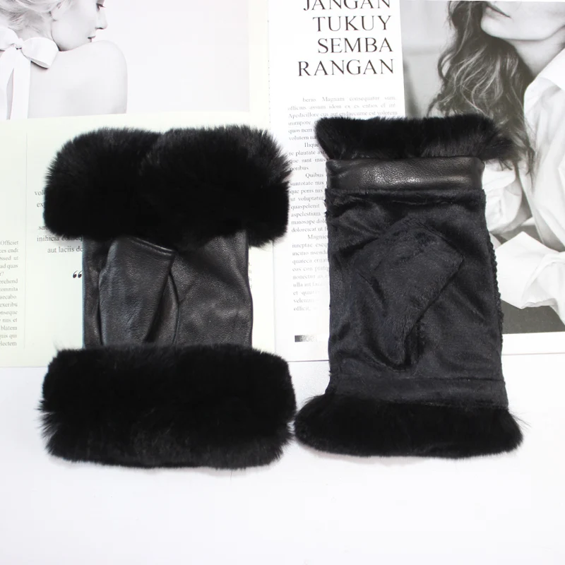 New High Quality Ladies Sheepskin Half Finger Gloves Autumn Genuine Leather Rabbit Fur Style Warm Fleece Lining Work Driving Glo