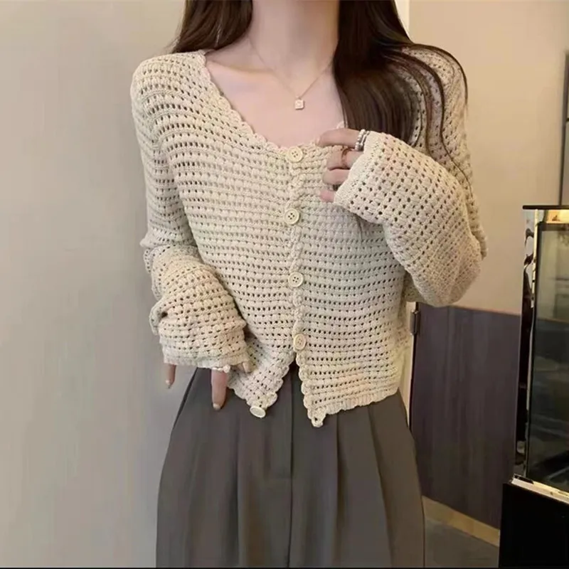 Women Buttons Up Short Cardigan Coat Knitted Hollow Out Smock Top Long Sleeved Thin Summer T-shirt Ruffles Casual Shirt E2775