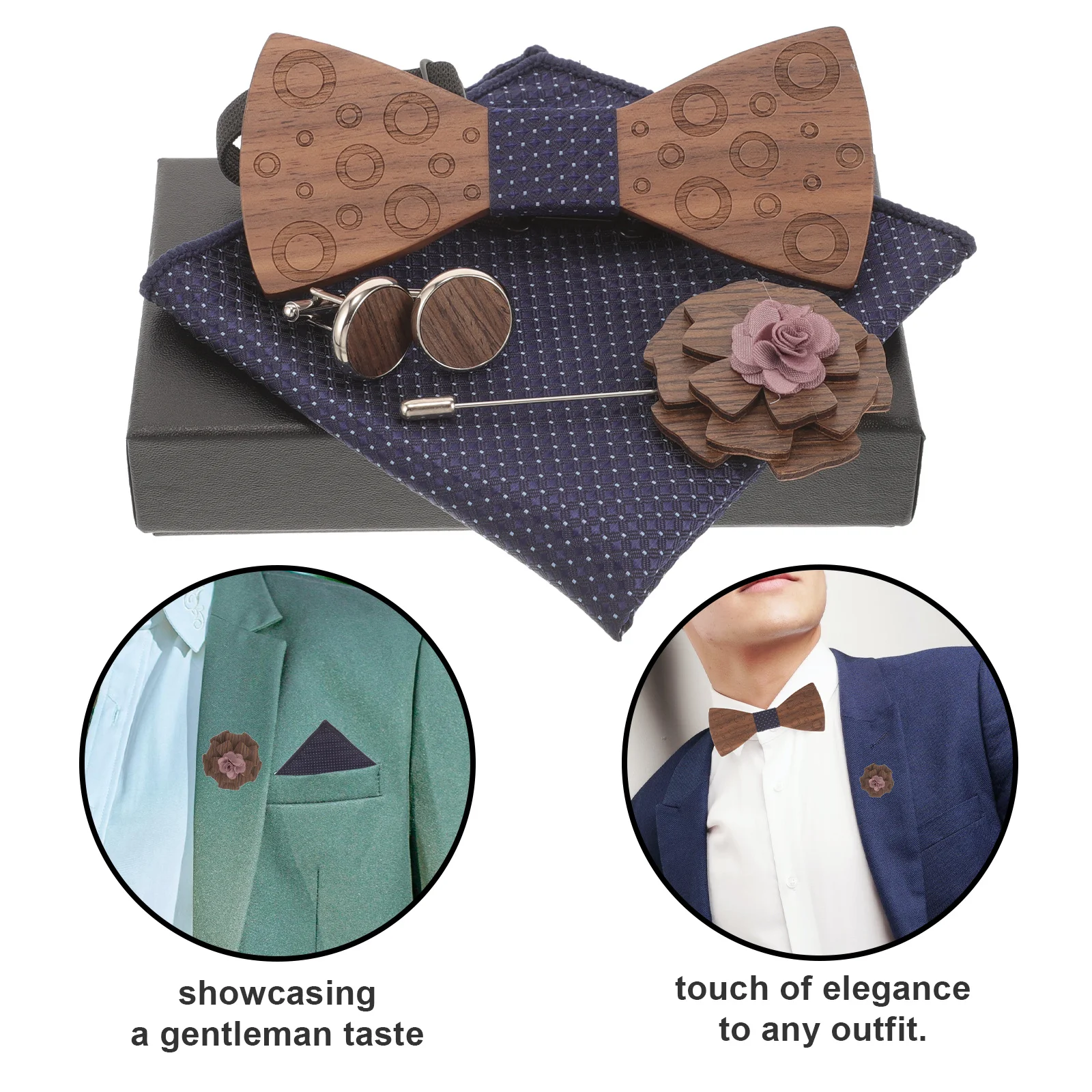 1 مجموعة خشبية ربطة القوس فيونكة منديل مجموعة للرجال الزفاف العريس دعوى الإكسسوارات سهرة أزرار أكمام التلبيب دبوس رجل بووتيس العريس هدية