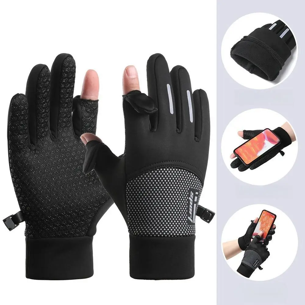 Convenient Solid Color Fingerless Gloves Men Clamshell-type Warm Fishing Gloves Fleece-lined Mittens Touch Screen Gloves Fishing