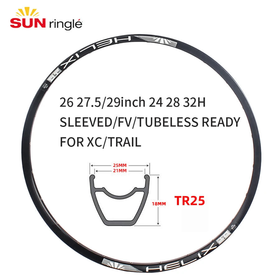 Sunringle HELIX 자전거 림, XC 트레일용 원형 튜브리스, 산악 자전거, TR25, 26 27.5, 29 인치, 24, 28, 32 홀