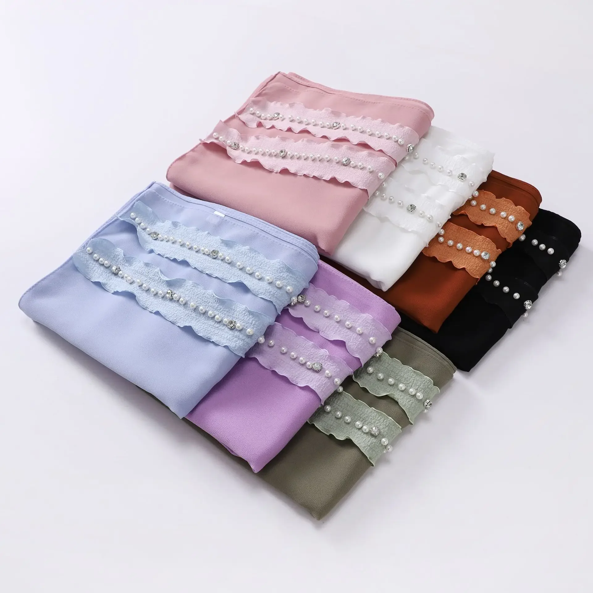 高級ビーズパールシフォンヘッドスカーフ、無地ソフトロングムスリムスカーフ、女性用ヒジャブ、ムスリム女性用ショール＆ラップ、スカーフ、新品