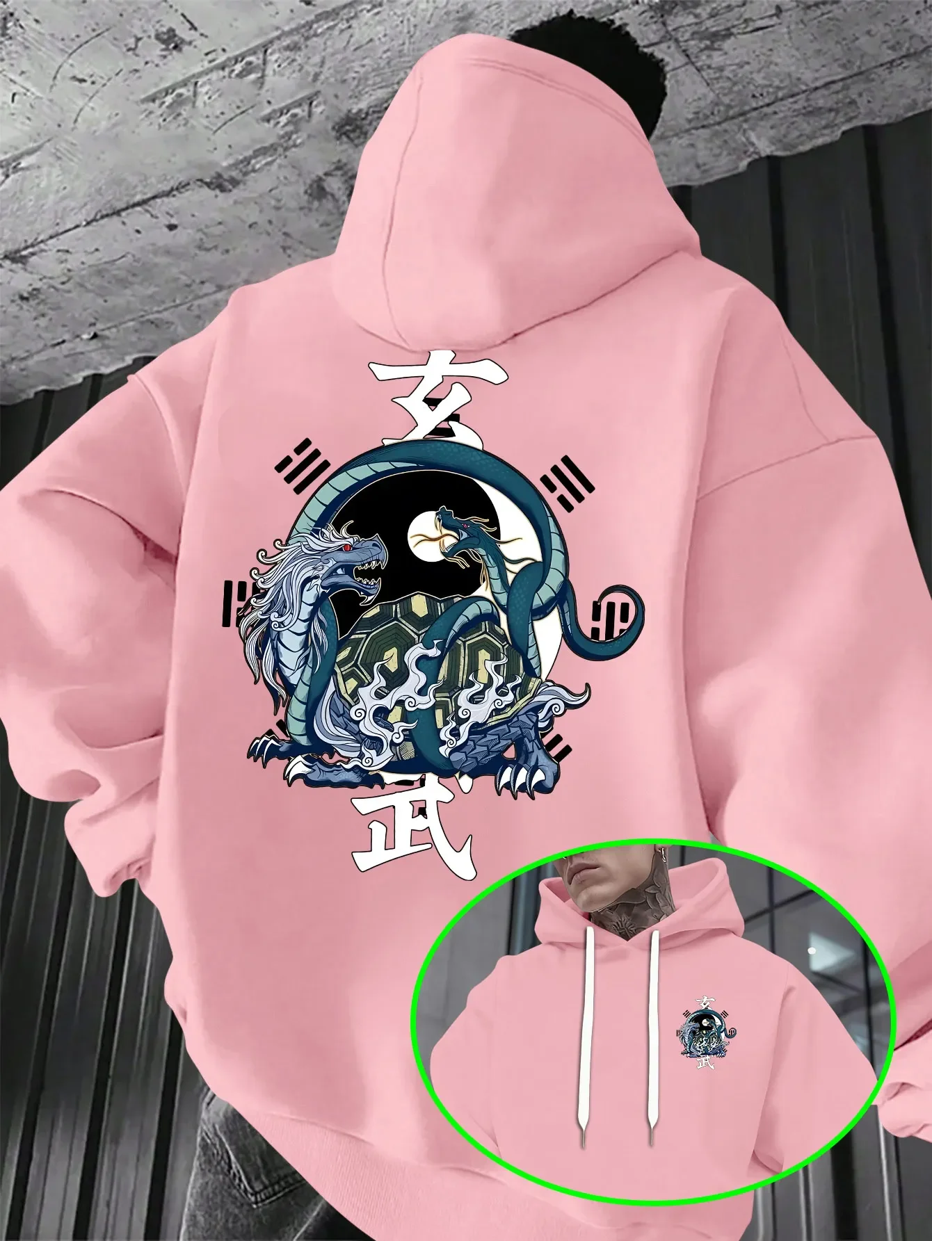 Oriental Mythical Xuanwu Turtle‑Snake Creature Dual Sides Graphic Hooded Sweatshirt Unisex Loose Fit Pullover Daily Streetwear