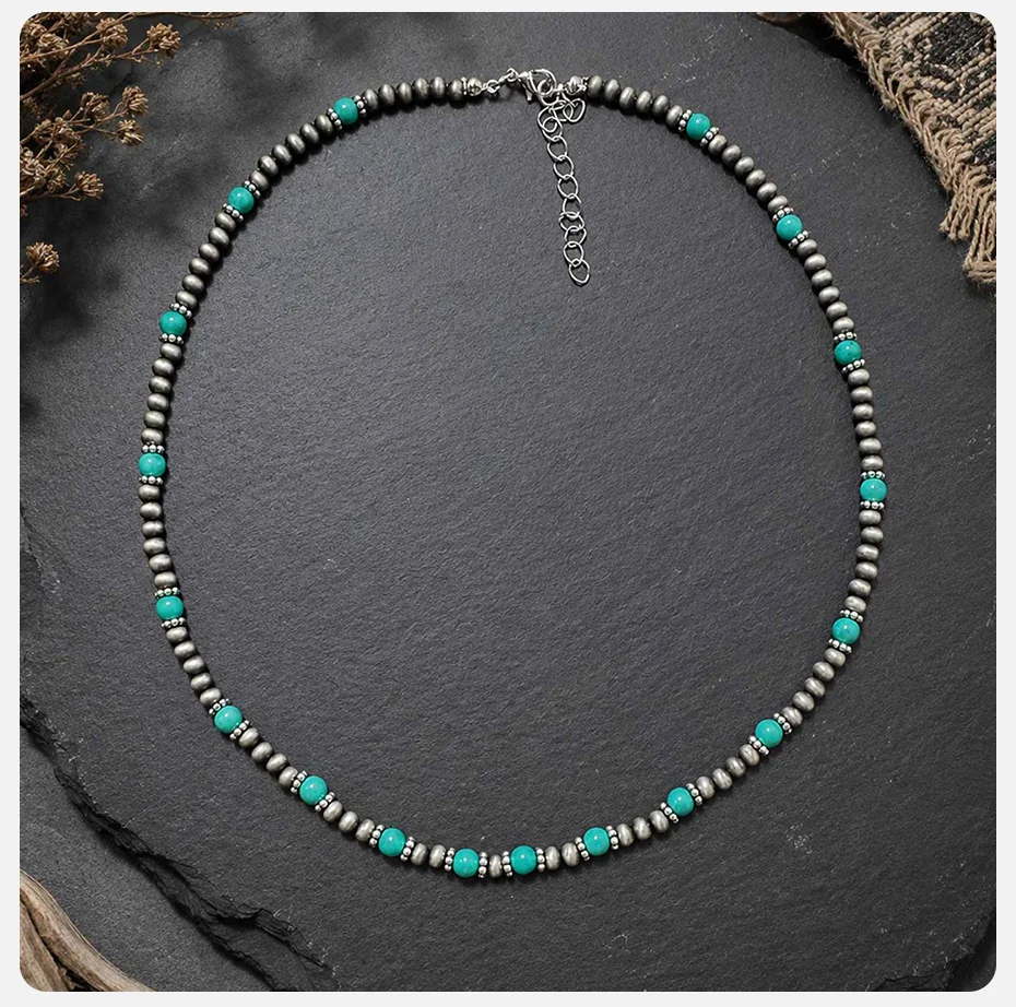 Vnox Herren-Halskette mit türkisfarbenen Perlen, verstellbare Kette im Bohemian-Stil, Punk-Hip-Hop-Schmuck, Geburtstagsparty-Geschenk für Ihn – Detail 6