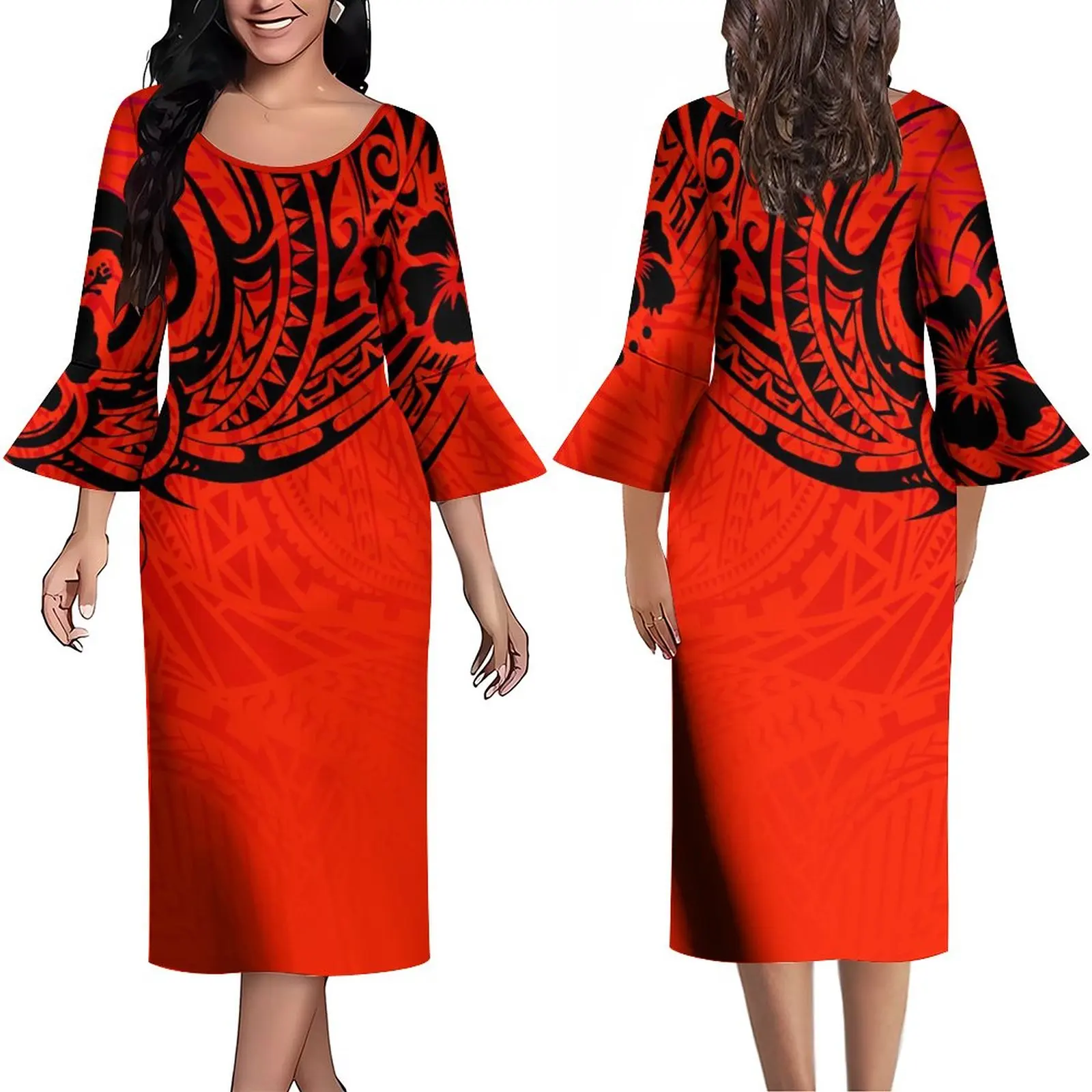 

Summer Long Sleeve Elegant Slim-Fit Banquet Dress Polynesian Tribal Design Women's Dress High Quality Custom Patterned Dress