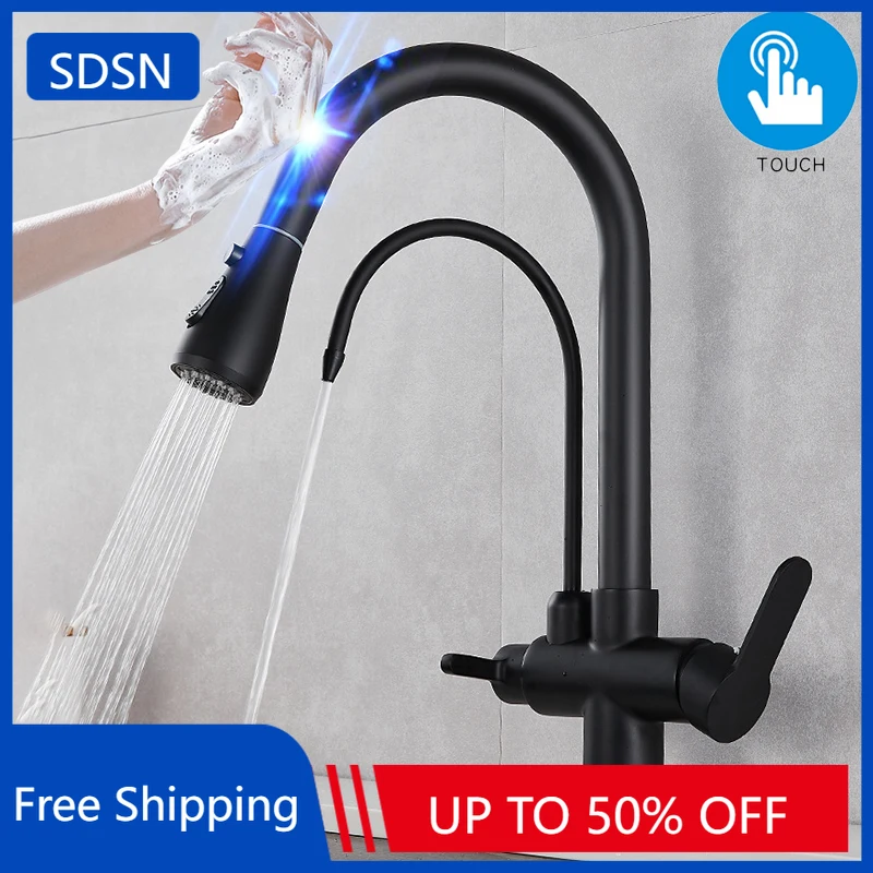 

3 Ways Touch Filter Kitchen Faucets with Pull Down Hot Cold Kitchen Sink Mixer Tap Purify Faucet Smart Touch Pull Out Faucet