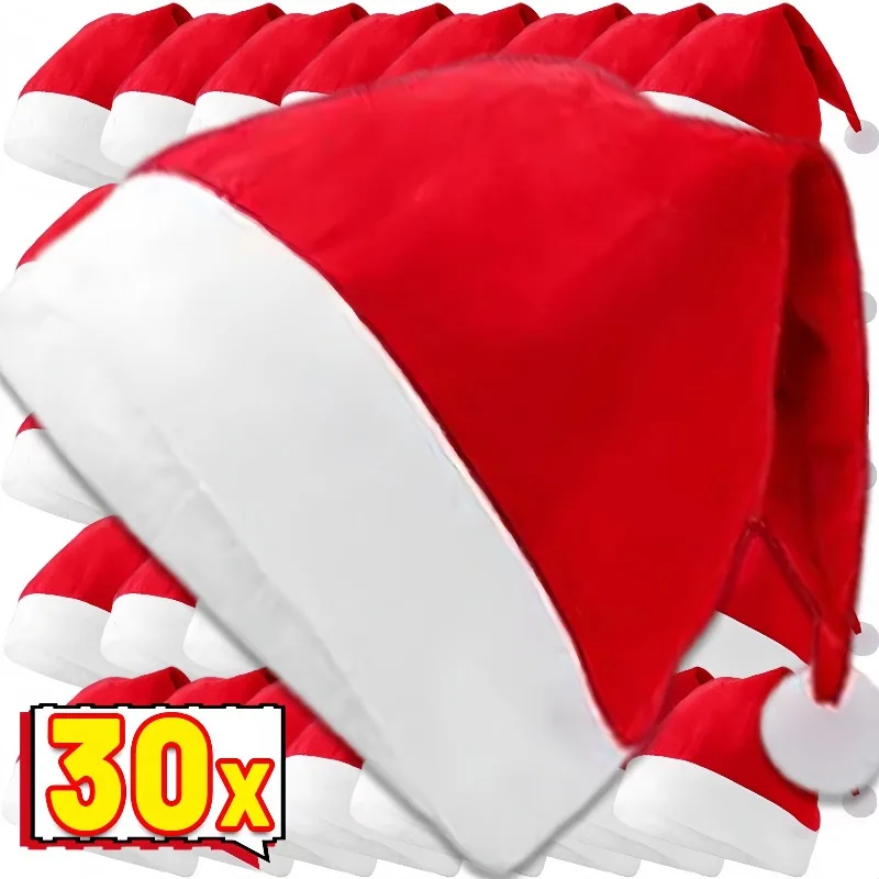 30/1PCS Christmas Hats Red Non-woven Fabric Santa Claus Hats for Adults Kids Xmas Cap New Year Party Festival Decoration Gifts