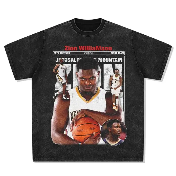 

2025 Zion Williamson American-style Basketball Retro Print Trendy Brand Washed Heavy Pure Cotton Short-sleeved T-shirt