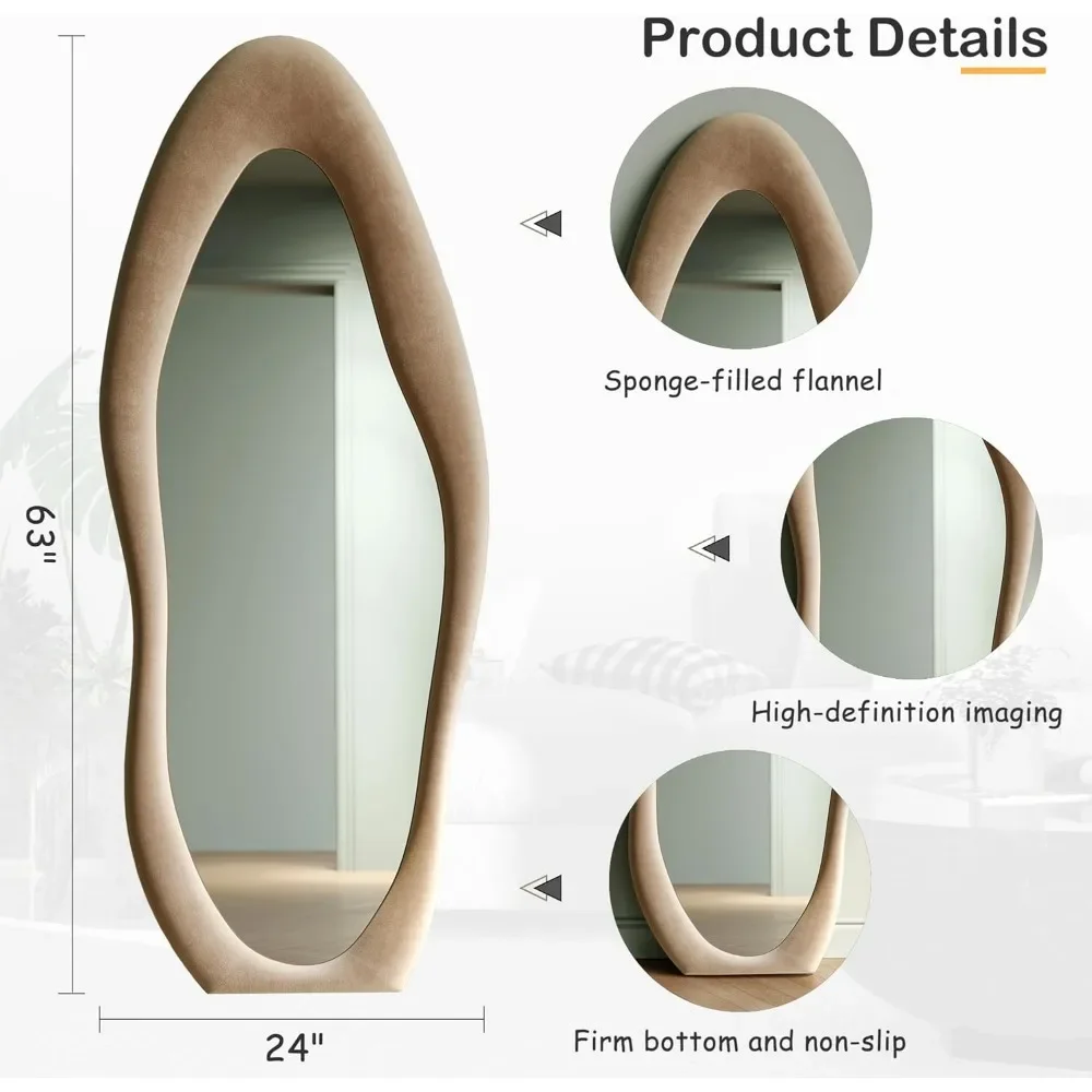 Full Length Mirror, 63" x 24" Wall Mirror, Flannel Wrapped Wooden Frame Floor Mirror, Irregular Wavy Mirror Hanging