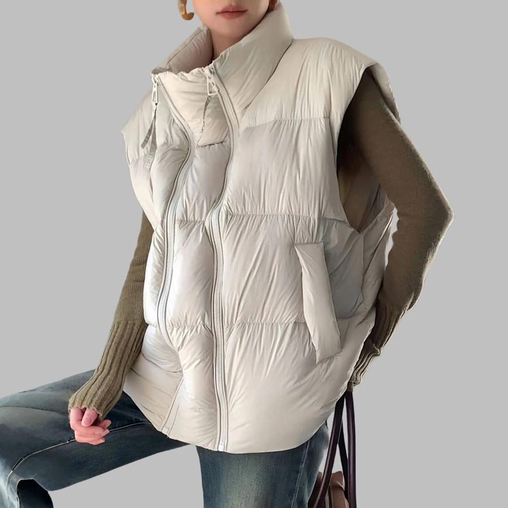 

stand-up collar down cotton clothes vest women's autumn and winter new loose short versatile double zipper vest jacket