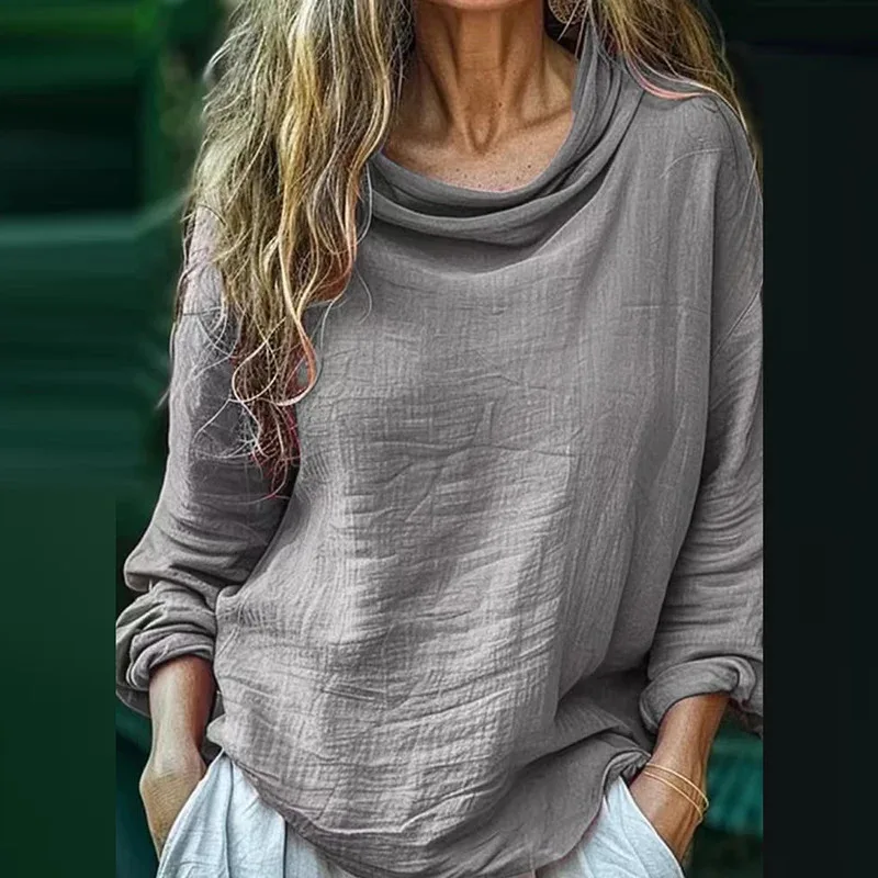 Elegante Lange Mouw Plooien Trui Vrouwen Alle Match Effen Sjaal Kraag Tops Mujer 2025, Nieuwe Lente Lange Mouw Temperament Blouse