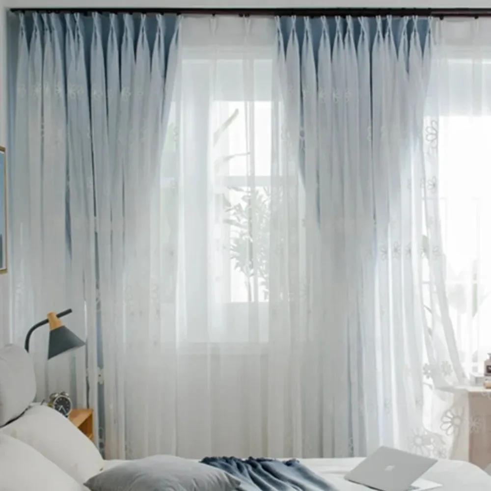Korean Style Warm High Shading Nordic Simple Small Fresh Gauze Embroidery Double Layer Curtains for Living Dining Room Bedroom