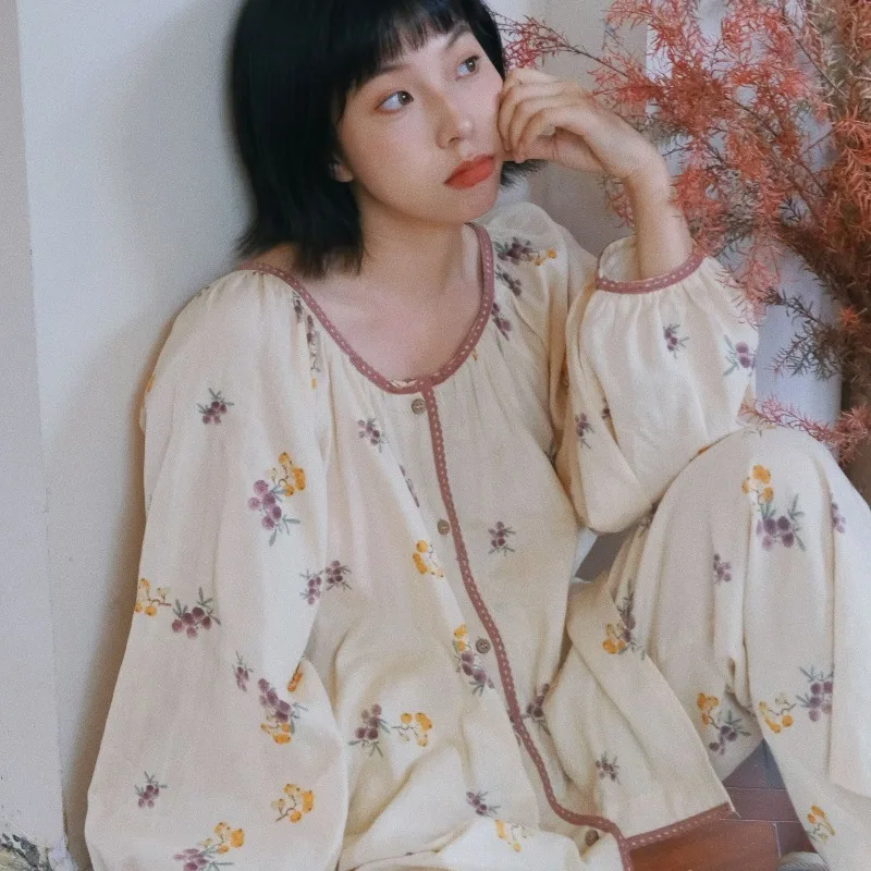 

Women's Four Seasons National Style Pajamas Woven Cotton Cardigan Lace Contrast Color Comfortable Loungewear Floral thin L Size
