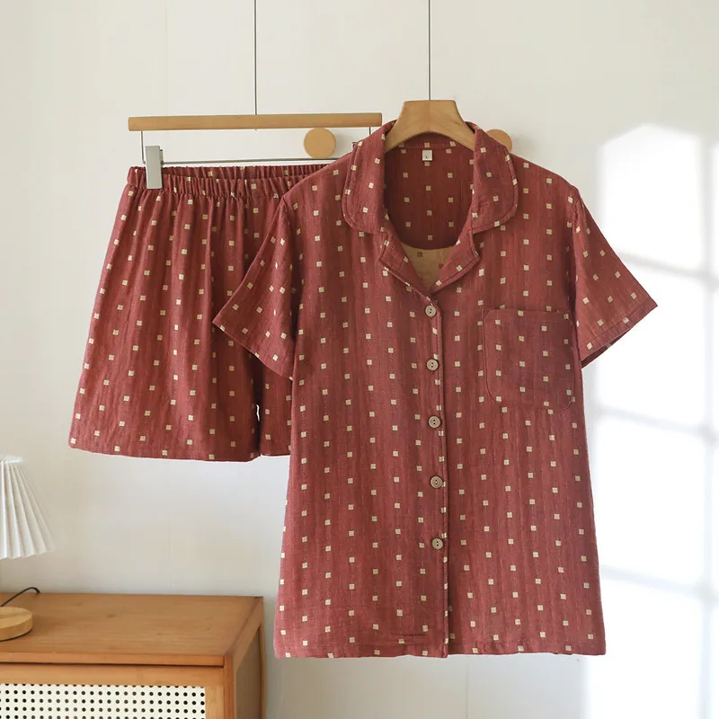 100% Cotton Double-layer Gauze Pajama Set, Lightweight Short Sleeve Top & Shorts, Soft Breathable Loungewear for Couples.